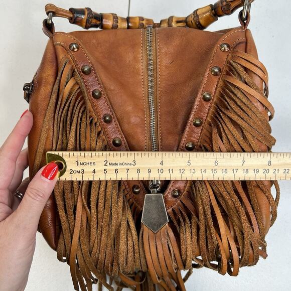 Boho Leather Crossbody Bamboo Hand Strap Featured Fringe Bohemian Tassel Brown - Picture 13 of 15